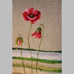 Grisard coussin peint sur lin et ajout de textiles